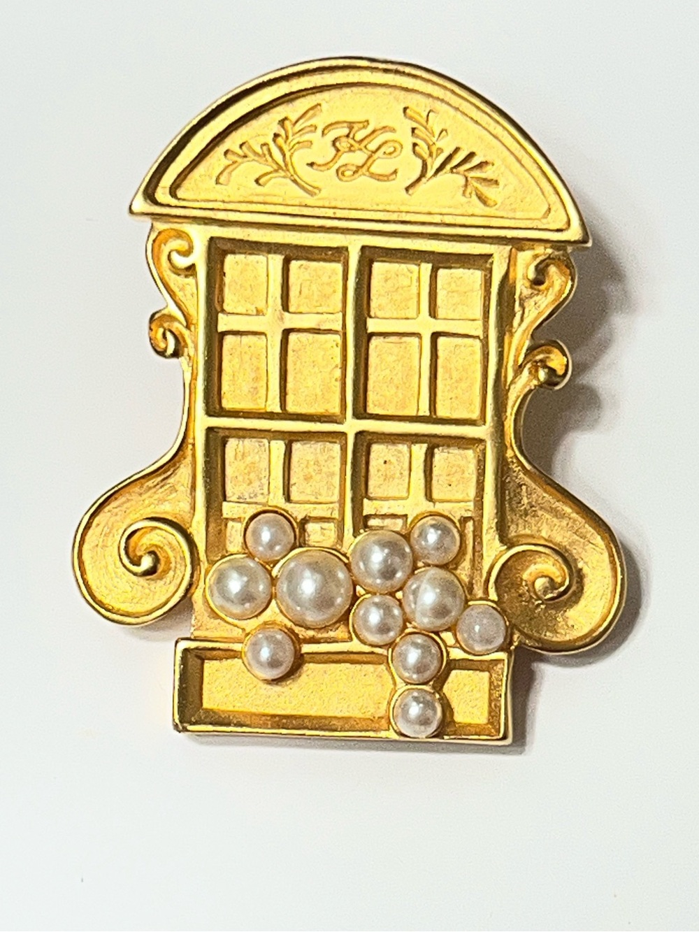 Karl Lagerfeld Matte Gold-tone French window KL Brooch with Faux Pearls
